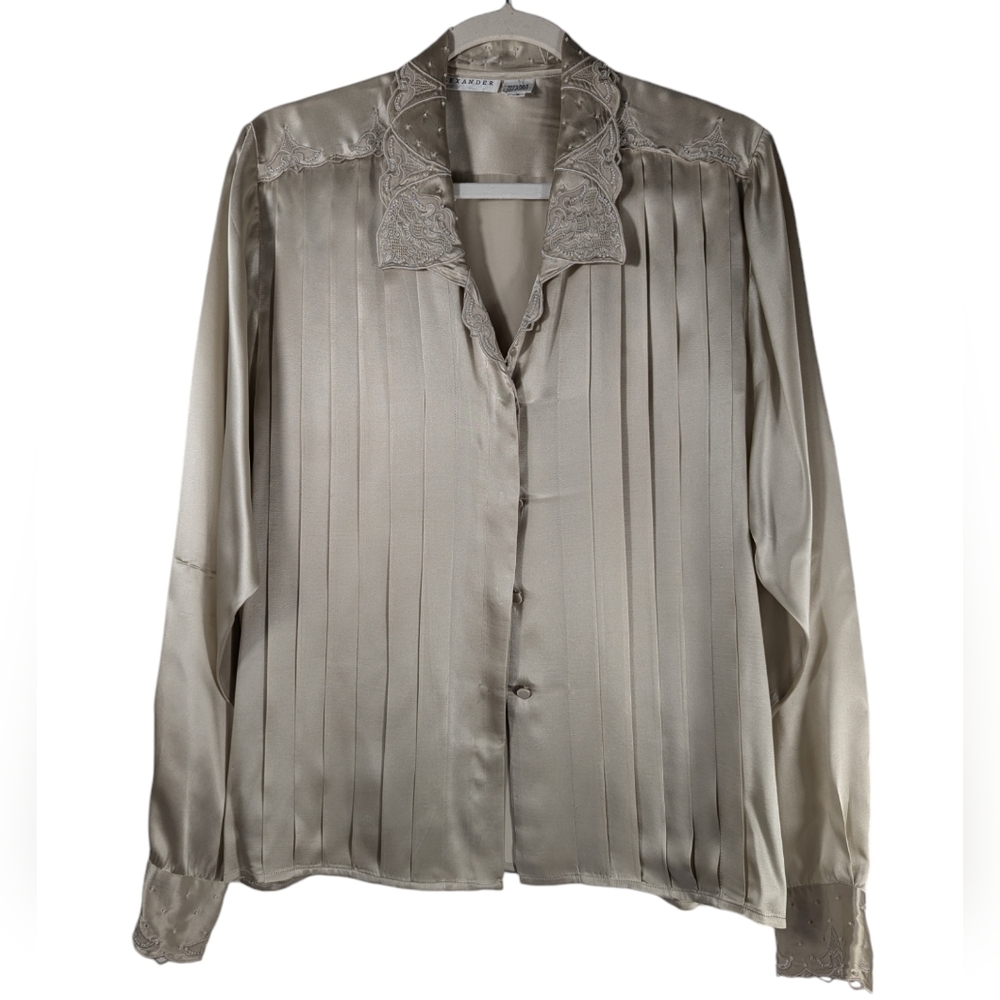 Paul Alexander Vintage 100% Silk Pleated Blouse Beaded Lace Collar Sz 8